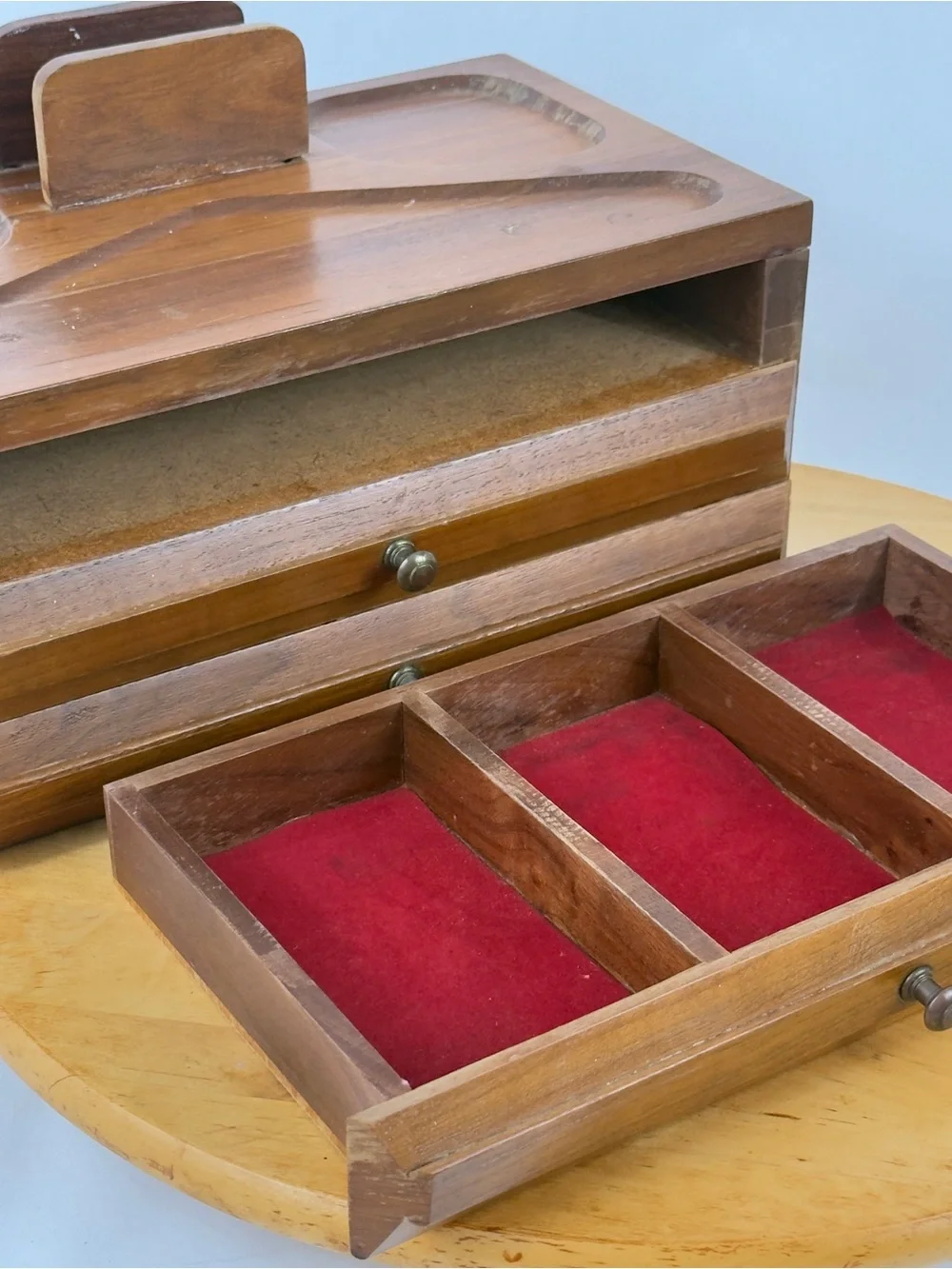 Mid Century Walnut Wood Desk Organizer Jewelry Desk Valet Box w Drawers Catchall